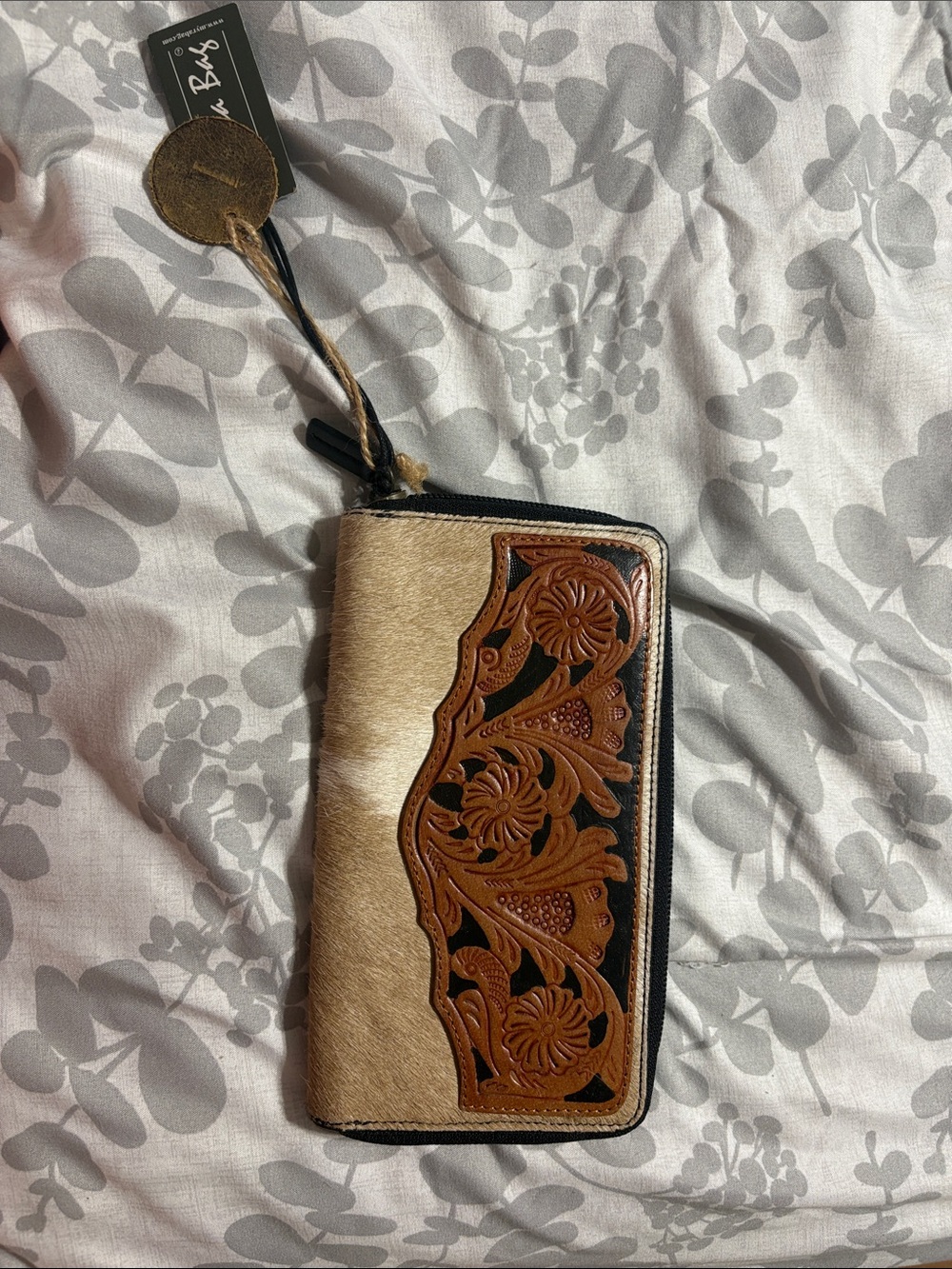 Myra Bag Tan and Brown Floral Tooled Zip Wallet